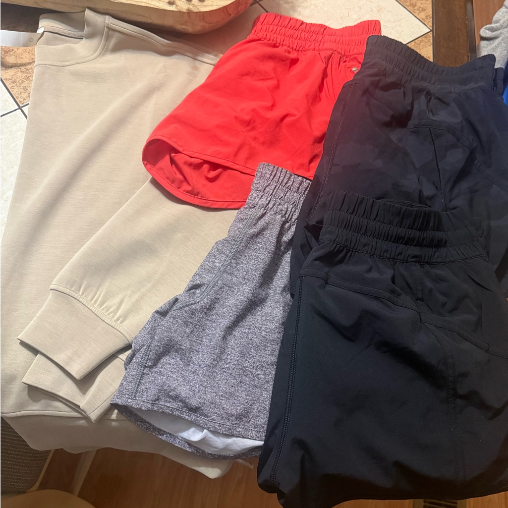 Lululemon Athletica Sweatshirt, 4 Pair Shorts - Red, Gray, And Black And Camo